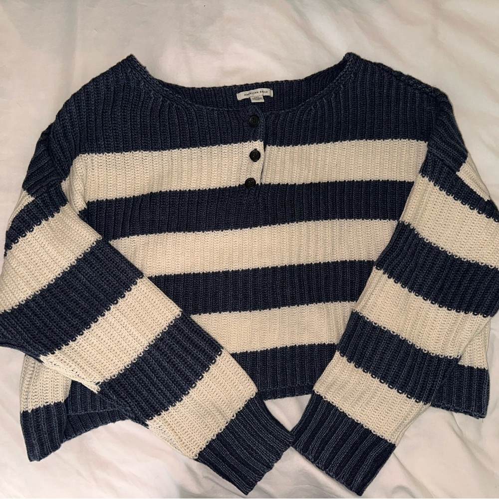 American Eagle Outfitters Navy and Cream Striped Sweater